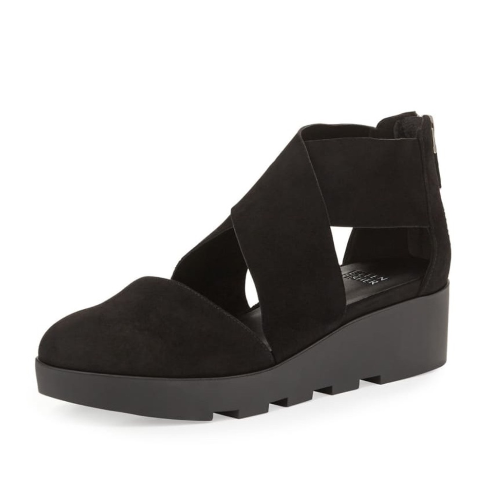 Eileen Fisher Black Suede Crisscross Wedge Sandals